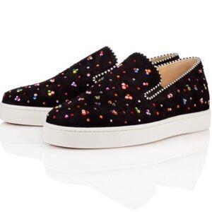 $1345 Christian Louboutin Made in Italy Black Suede Crystal Sneakers Size 5/35